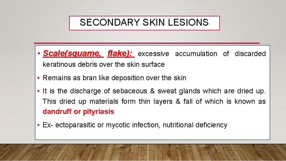SECONDARY SKIN LESIONS • Scale(squame, flake): excessive accumulation of discarded keratinous debris over the