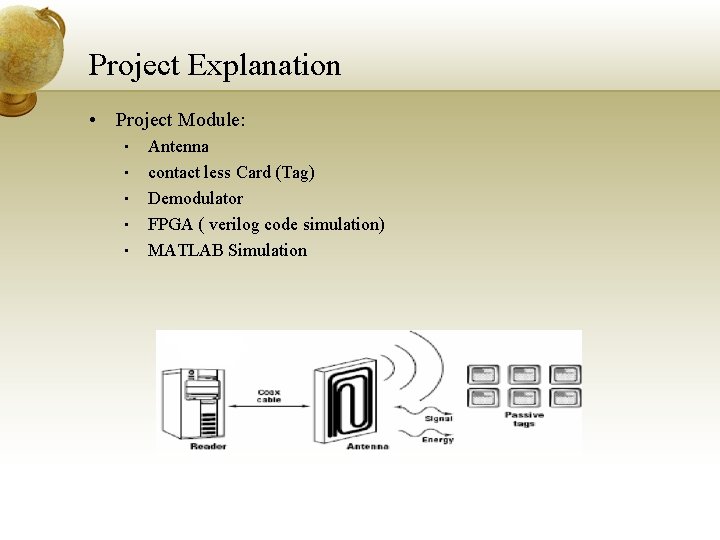 Project Explanation • Project Module: • • • Antenna contact less Card (Tag) Demodulator