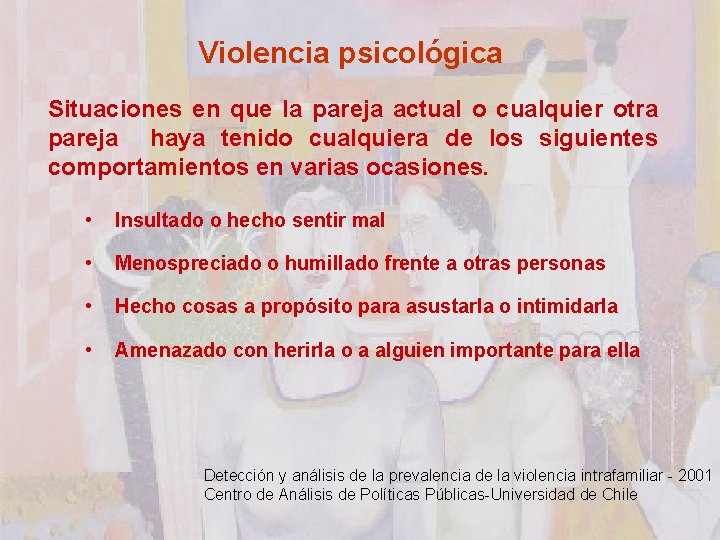 Violencia psicológica Situaciones en que la pareja actual o cualquier otra pareja haya tenido
