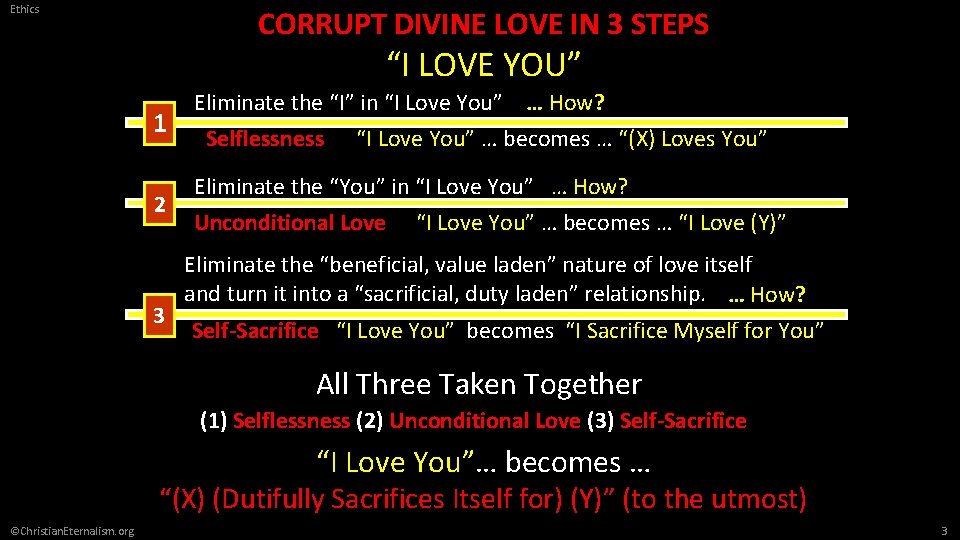 Ethics CORRUPT DIVINE LOVE IN 3 STEPS “I LOVE YOU” 1 2 3 Eliminate