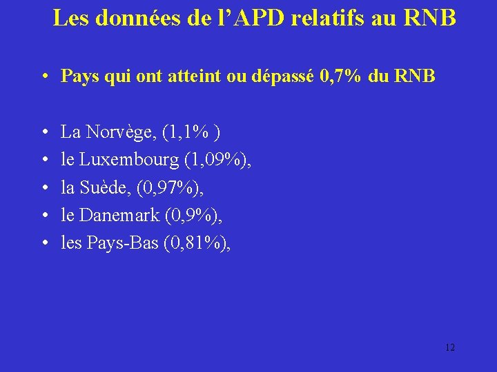 Les données de l’APD relatifs au RNB • Pays qui ont atteint ou dépassé