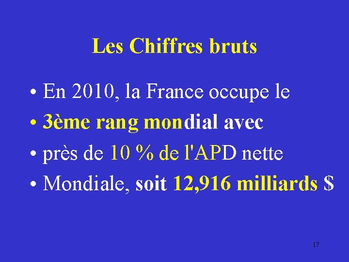 Les Chiffres bruts • En 2010, la France occupe le • 3ème rang mondial