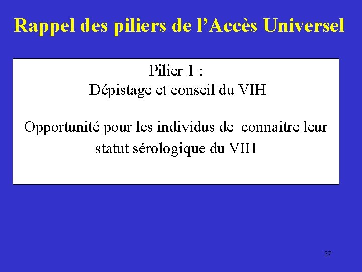 Rappel des piliers de l’Accès Universel Pilier 1 : Dépistage et conseil du VIH