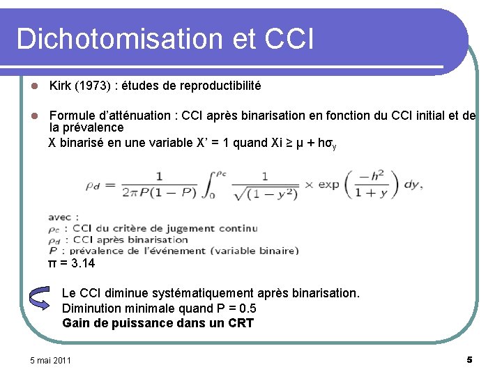 Dichotomisation et CCI l Kirk (1973) : études de reproductibilité Formule d’atténuation : CCI