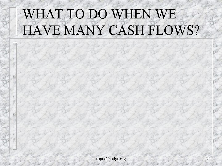 WHAT TO DO WHEN WE HAVE MANY CASH FLOWS? capital budgeting 20 