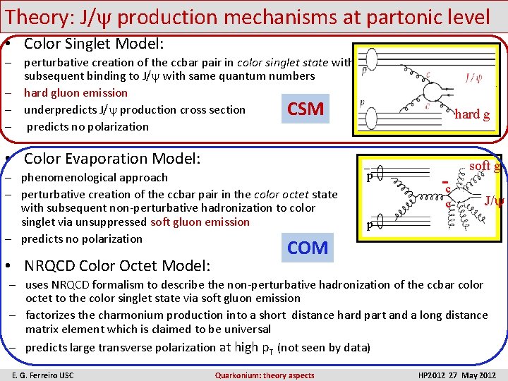 Theory: J/ production mechanisms at partonic level • Color Singlet Model: – perturbative creation