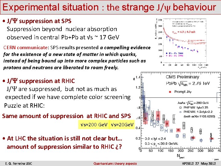 Experimental situation : the strange J/ behaviour • J/ suppression at SPS Suppression beyond