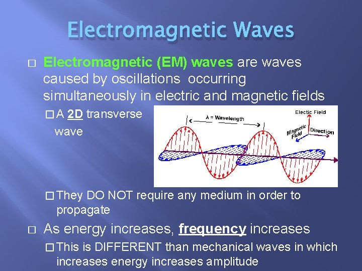 Electromagnetic Waves � Electromagnetic (EM) waves are waves caused by oscillations occurring simultaneously in