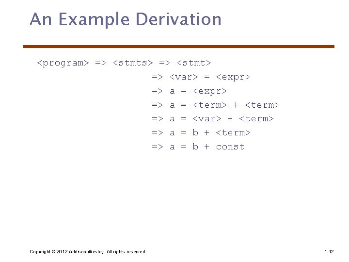 An Example Derivation <program> => <stmts> => <stmt> => <var> = <expr> => a