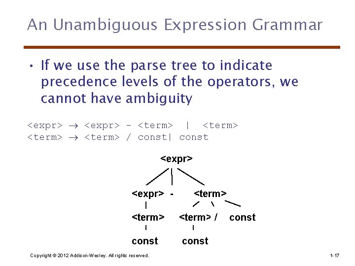 An Unambiguous Expression Grammar • If we use the parse tree to indicate precedence