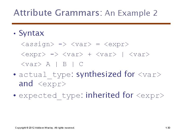 Attribute Grammars: An Example 2 • Syntax <assign> -> <var> = <expr> -> <var>