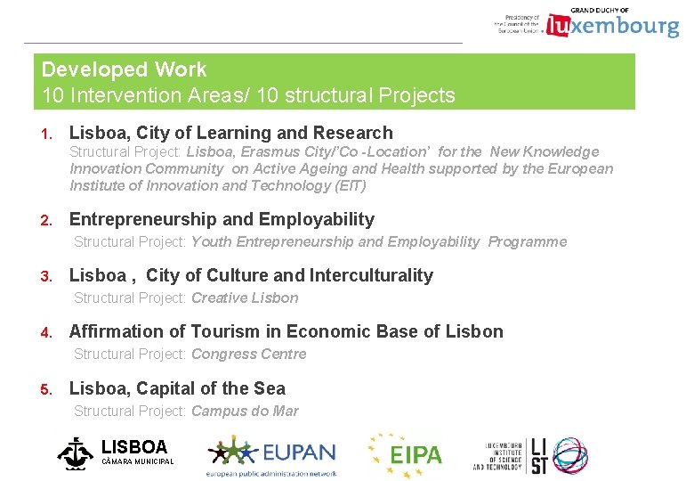 Developed Work 10 Intervention Areas/ 10 structural Projects 1. Lisboa, City of Learning and