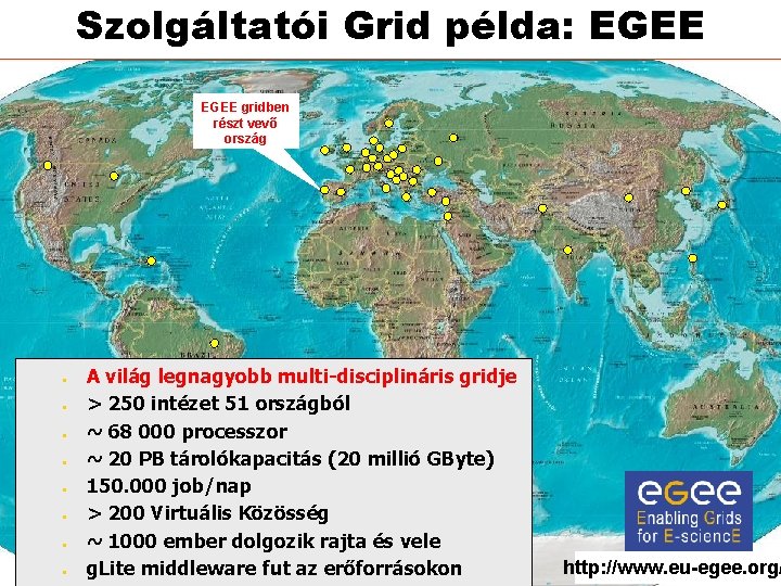 Szolgáltatói Grid példa: EGEE gridben részt vevő ország ● ● ● ● A világ