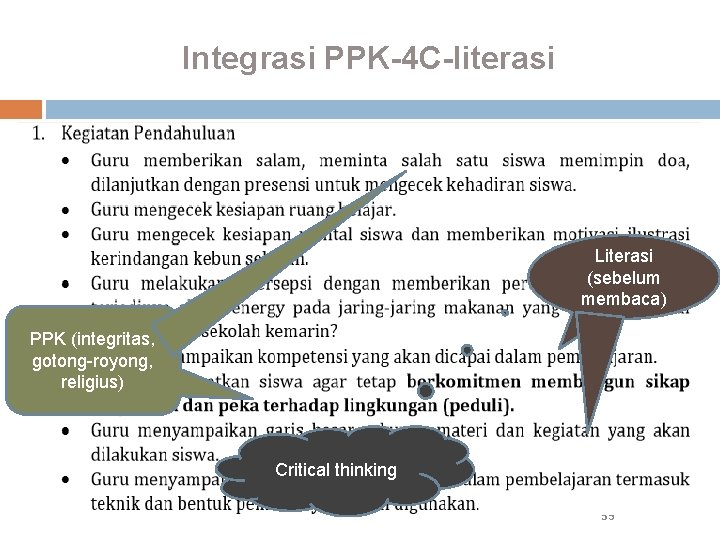 Integrasi PPK-4 C-literasi Literasi (sebelum membaca) PPK (integritas, gotong royong, religius) Critical thinking 35