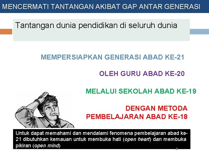 MENCERMATI TANTANGAN AKIBAT GAP ANTAR GENERASI Tantangan dunia pendidikan di seluruh dunia MEMPERSIAPKAN GENERASI