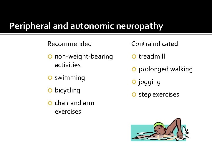 Peripheral and autonomic neuropathy Recommended non-weight-bearing activities swimming bicycling chair and arm exercises Contraindicated