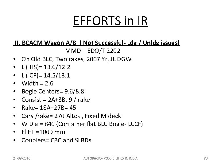 EFFORTS in IR II. BCACM Wagon A/B ( Not Successful- Ldg / Unldg issues)