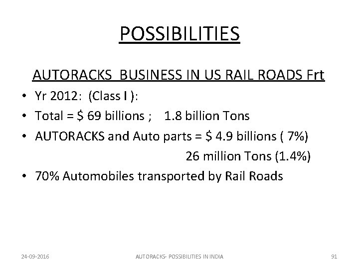 POSSIBILITIES AUTORACKS BUSINESS IN US RAIL ROADS Frt • Yr 2012: (Class I ):