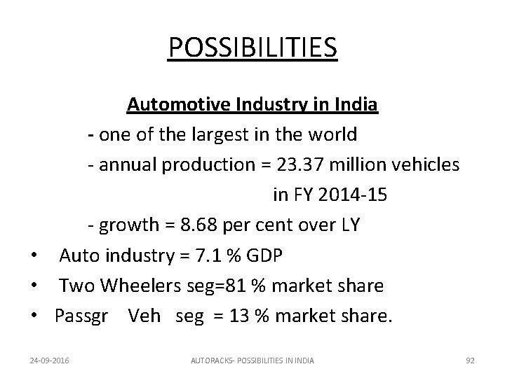 POSSIBILITIES Automotive Industry in India - one of the largest in the world -