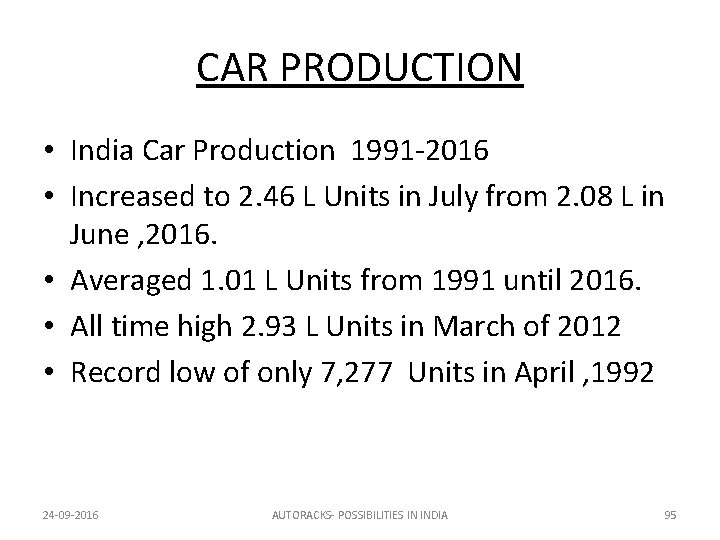 CAR PRODUCTION • India Car Production 1991 -2016 • Increased to 2. 46 L