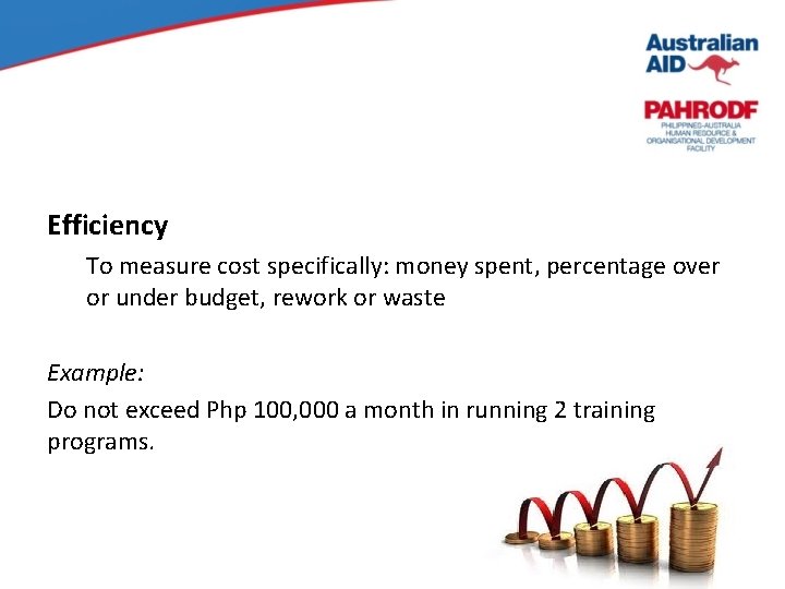 Efficiency To measure cost specifically: money spent, percentage over or under budget, rework or