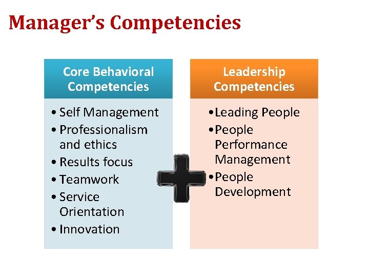 Manager’s Competencies Core Behavioral Competencies Leadership Competencies • Self Management • Professionalism and ethics