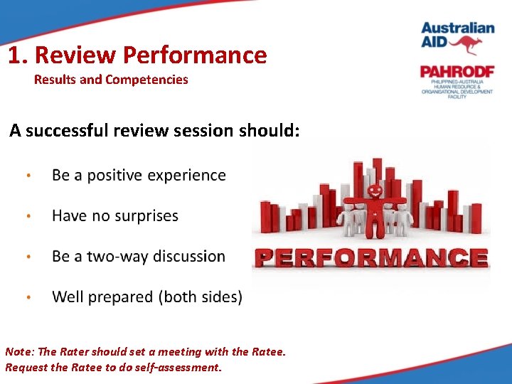 1. Review Performance Results and Competencies A successful review session should: Note: The Rater