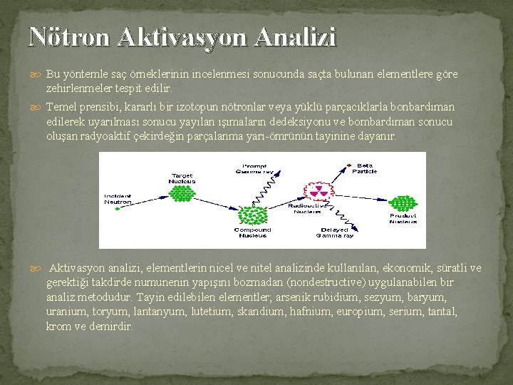 Nötron Aktivasyon Analizi Bu yöntemle saç örneklerinin incelenmesi sonucunda saçta bulunan elementlere göre zehirlenmeler