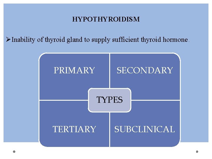 HYPOTHYROIDISM ØInability of thyroid gland to supply sufficient thyroid hormone. PRIMARY SECONDARY TYPES TERTIARY