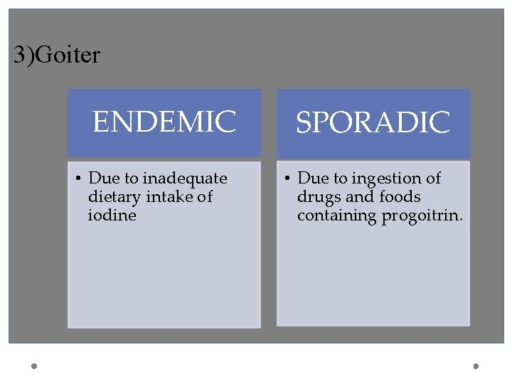 3)Goiter ENDEMIC • Due to inadequate dietary intake of iodine SPORADIC • Due to