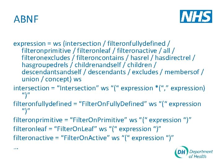 ABNF expression = ws (intersection / filteronfullydefined / filteronprimitive / filteronleaf / filteronactive /