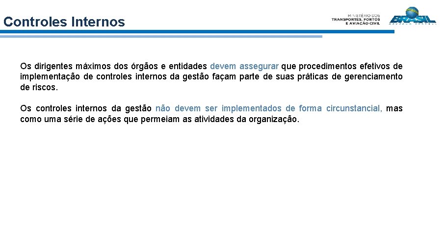 Controles Internos Os dirigentes máximos dos órgãos e entidades devem assegurar que procedimentos efetivos