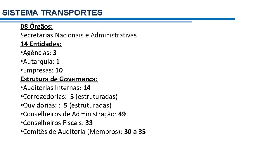 SISTEMA TRANSPORTES 08 Órgãos: Secretarias Nacionais e Administrativas 14 Entidades: • Agências: 3 •