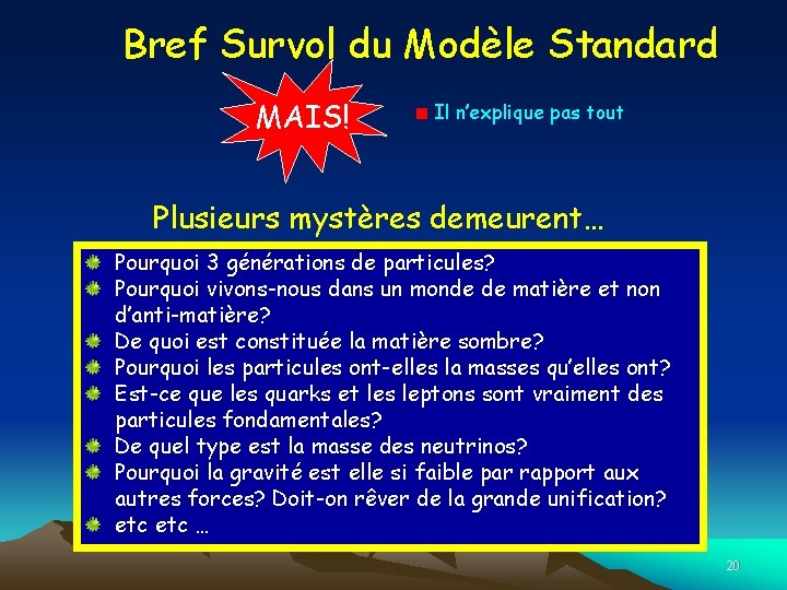 Bref Survol du Modèle Standard MAIS! Il n’explique pas tout Plusieurs mystères demeurent… Pourquoi