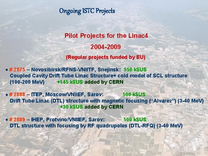 Ongoing ISTC Projects Pilot Projects for the Linac 4 2004 -2009 (Regular projects funded