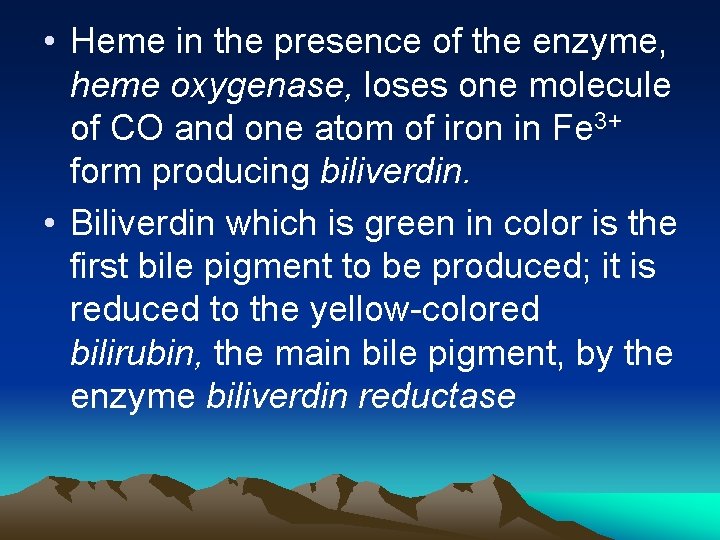  • Heme in the presence of the enzyme, heme oxygenase, loses one molecule