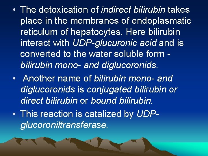  • The detoxication of indirect bilirubin takes place in the membranes of endoplasmatic