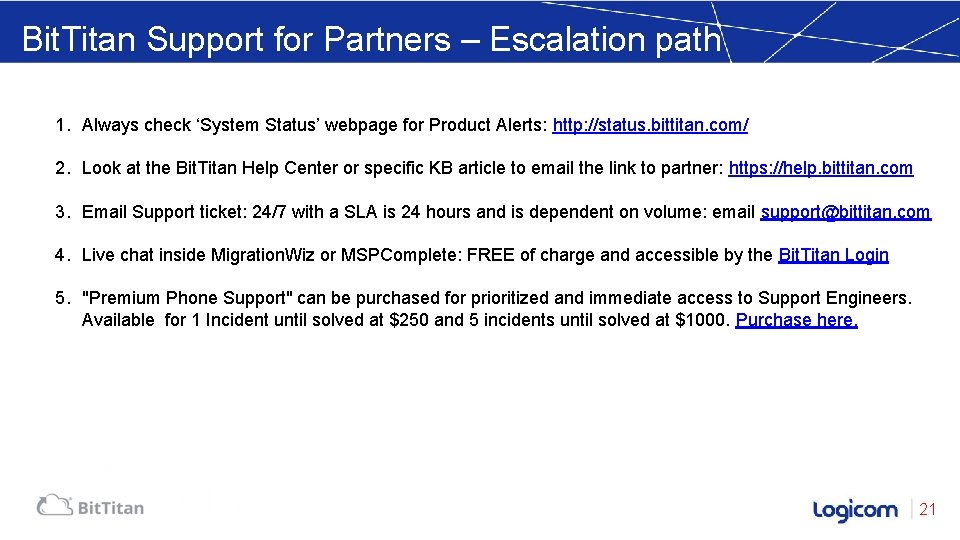 Bit. Titan Support for Partners – Escalation path 1. Always check ‘System Status’ webpage