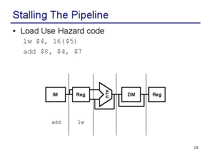 Stalling The Pipeline • Load Use Hazard code lw $4, 16($5) add $8, $4,