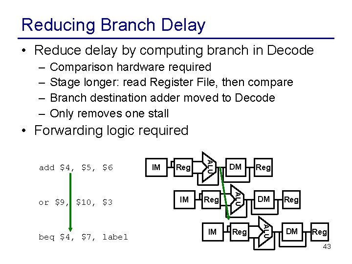 Reducing Branch Delay • Reduce delay by computing branch in Decode – – Comparison