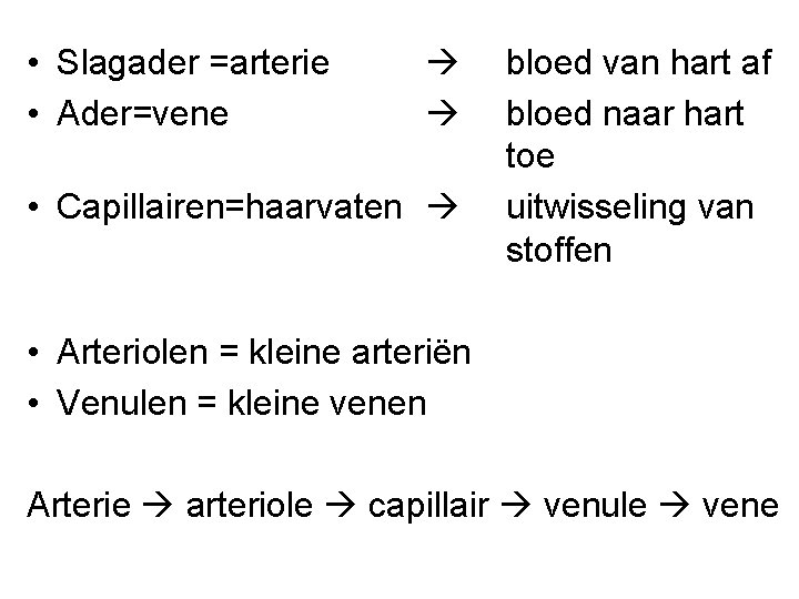  • Slagader =arterie • Ader=vene • Capillairen=haarvaten bloed van hart af bloed naar