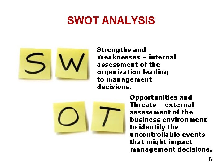 SWOT ANALYSIS Strengths and Weaknesses – internal assessment of the organization leading to management
