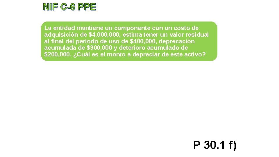 NIF C-6 PPE La entidad mantiene un componente con un costo de adquisición de