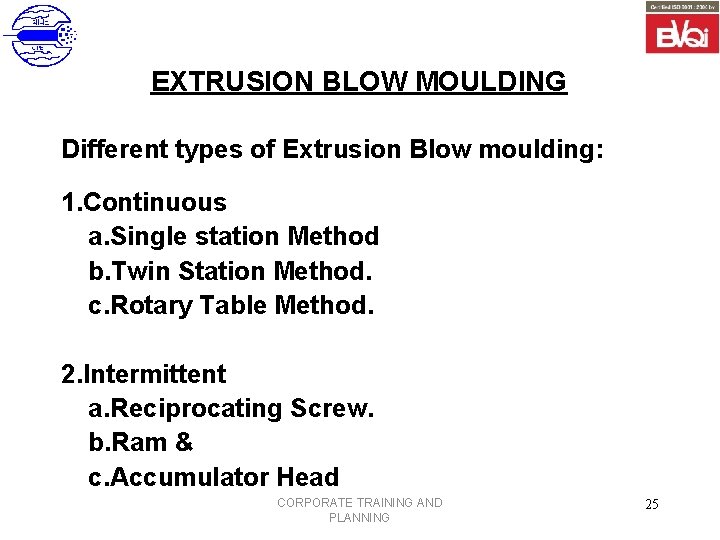 EXTRUSION BLOW MOULDING Different types of Extrusion Blow moulding: 1. Continuous a. Single station