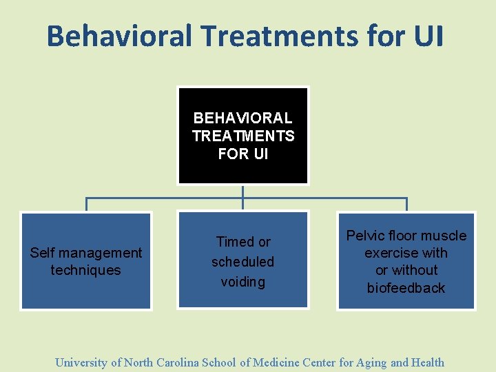 Behavioral Treatments for UI BEHAVIORAL TREATMENTS FOR UI Self management techniques Timed or scheduled