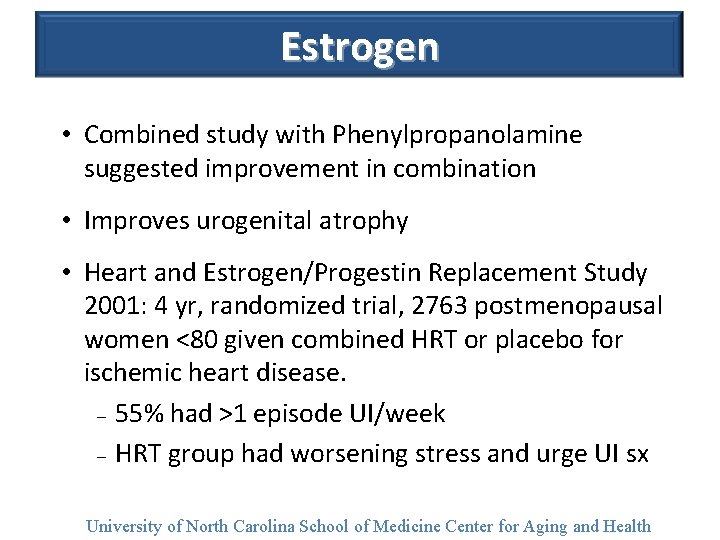 Estrogen • Combined study with Phenylpropanolamine suggested improvement in combination • Improves urogenital atrophy