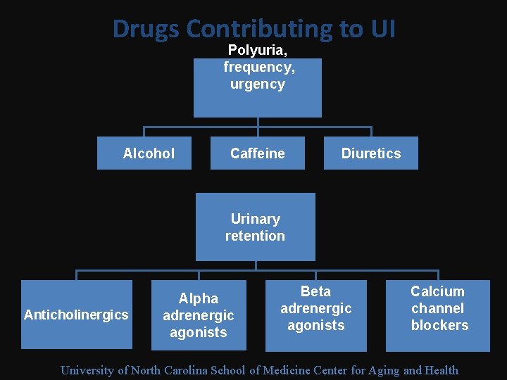 Drugs Contributing to UI Polyuria, frequency, urgency Alcohol Caffeine Diuretics Urinary retention Anticholinergics Alpha