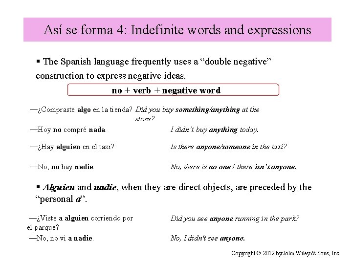 Así se forma 4: Indefinite words and expressions § The Spanish language frequently uses
