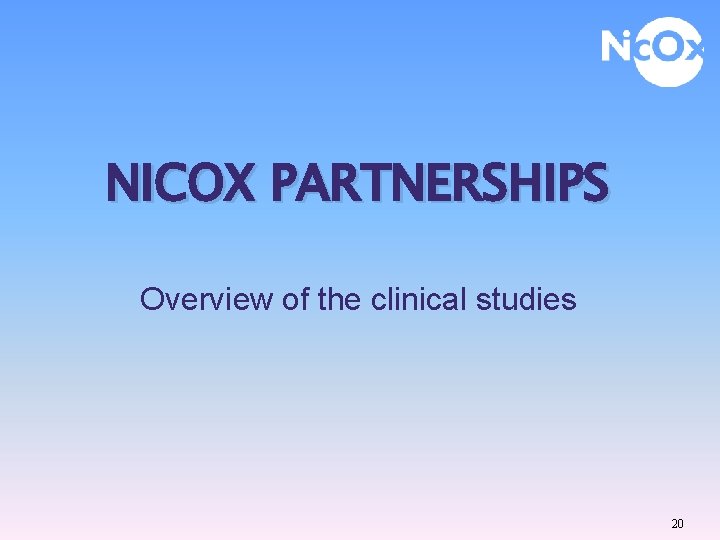 NICOX PARTNERSHIPS Overview of the clinical studies 20 