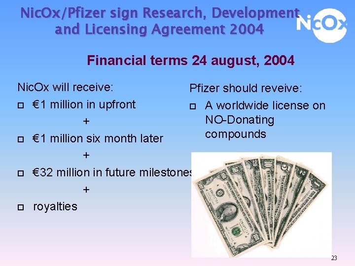 Nic. Ox/Pfizer sign Research, Development and Licensing Agreement 2004 Financial terms 24 august, 2004